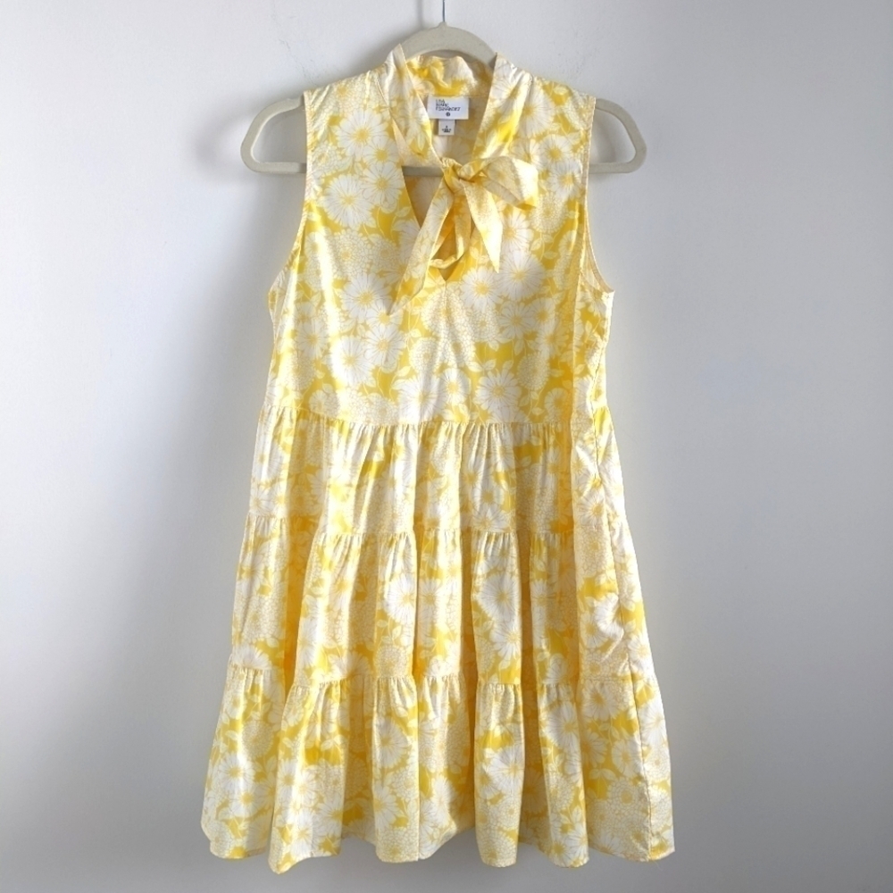 LISA Marie Fernandez Tiered Yellow Floral Dress S Sundress Summer Tie Neck